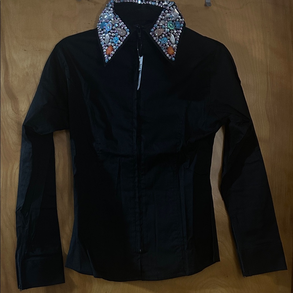Equestrian Black Zip Down Shirt with Embellished Collar